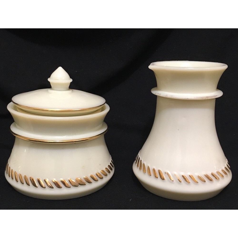 VTG Custard Glass 24k Gold Accents Sugar Bowl Lid & Cream Pitcher Wheaton Ware
